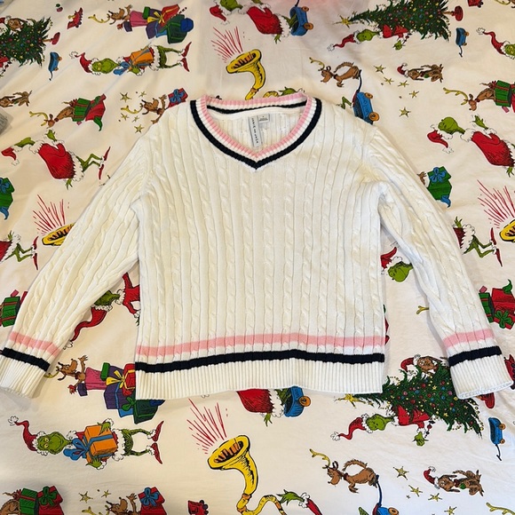 Janie and Jack Sweaters - - White Cable Knit Sweater with Pink and Black Trim